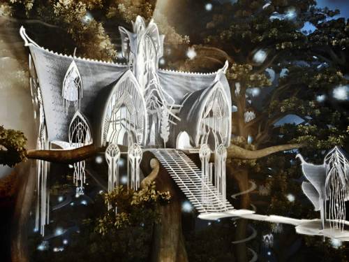 Wallpaper image: Unspecified artwork, Fantasy Art, Mixed Media, Castle building palace forest viaduct water, daytime, moat, nobody, castle, daylight, day, outdoors, fortress outside, scenery countryside land scene backdrop forest fantasy architecture citadel, white.
