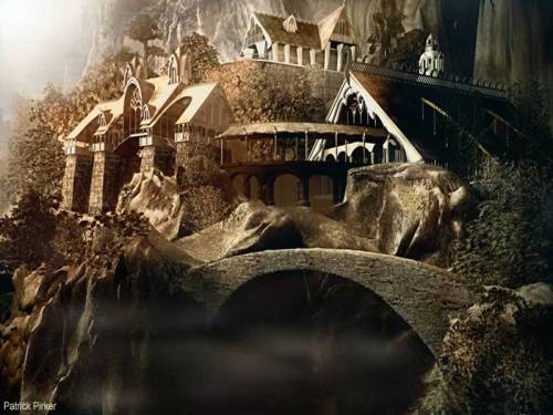 Wallpaper image: Unspecified artwork, Fantasy Art, Mixed Media, Castle architecture citadel, bridge, building palace forest viaduct water, daytime, moat, nobody, castle, daylight, day, outdoors, fortress outside, scenery countryside land scene backdrop.