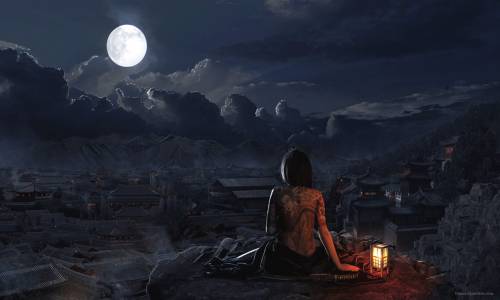 Wallpaper image: Moon rising, Nature, Mixed Media, Magic Romantic idealistic enchantment magical Matte painting retouching design Tranquil calm serene peaceful still quiet relaxing Landscape scenery countryside land nature scene backdrop Skies, sky the blue the heavens atmosphere Romanticism.
