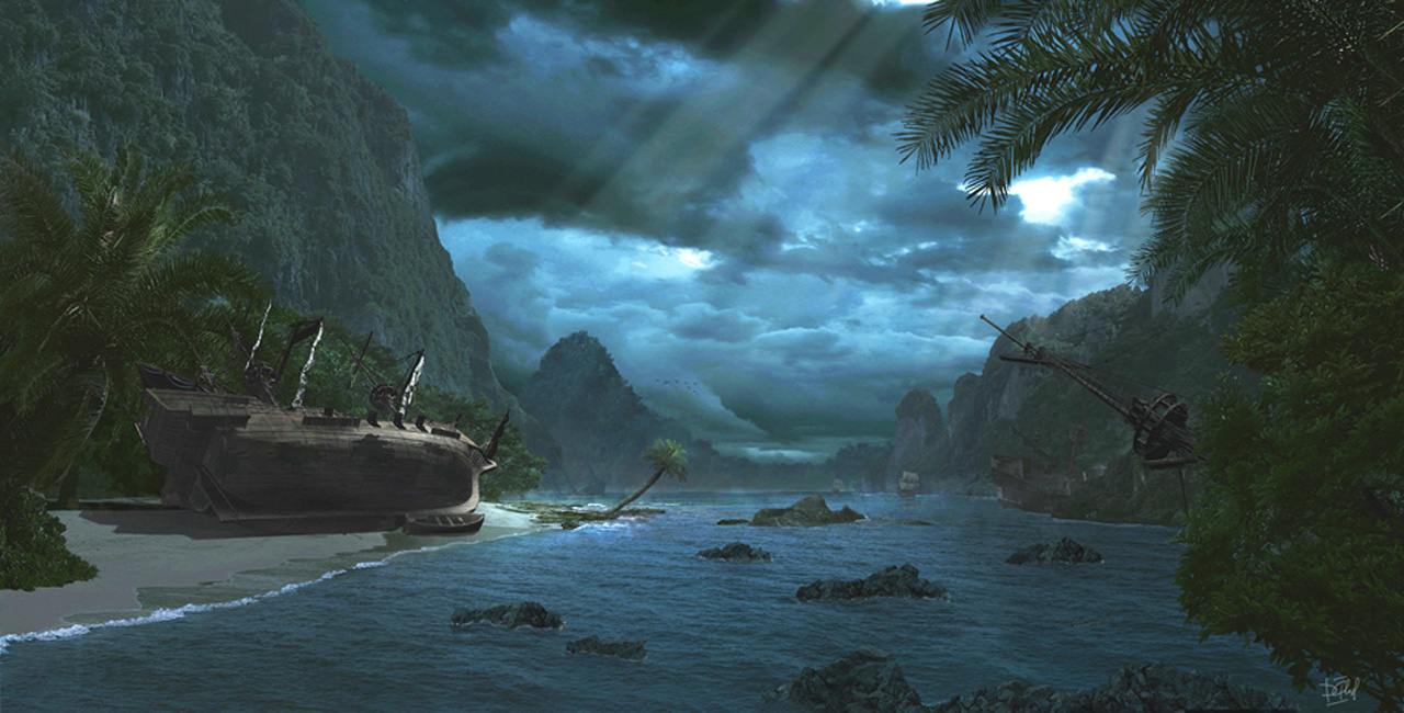 Free computer desktop wallpaper:The end of pirate battle, Mixed Media, Nature, Paint has now been superseded by digital images created using photo references, 3-D models, and drawing tablets. Matte painters combine their digitally matte painted textures within computer-generated 3-D environments, allowing for 3-D camera movement.